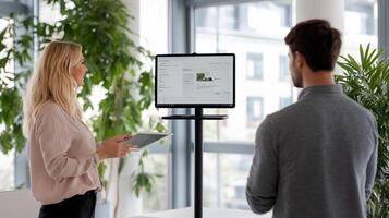A man and woman standing in front of a computer photo