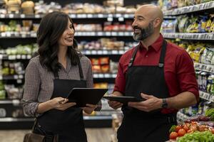 Two smiling grocery store employees using tablets, collaborating. photo