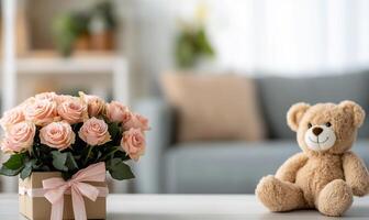 Pink roses in gift box and teddy bear on table. photo