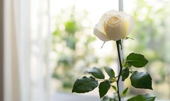 Single, pristine white rose in front of a window. photo