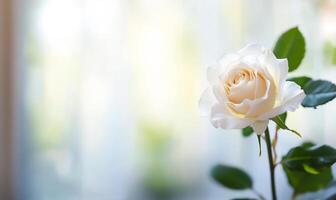 Soft, pale cream-colored rose in front of a blurred window background. photo