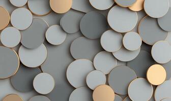 Abstract background with layered circles in various shades of gray and beige, with gold outlines. photo
