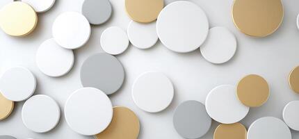 Abstract background with overlapping circles in gold, white, and gray. photo