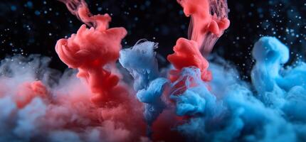 Abstract red and blue ink swirling in water. photo