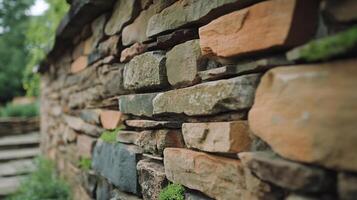 Rustic stone wall with varied colors and textures, partially covered with moss. photo