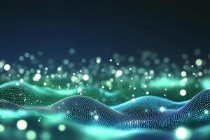 Abstract teal and green glowing wave particle background. photo
