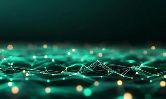 Abstract digital network with glowing teal and gold lines and dots on dark teal background. photo