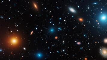 Deep space image showing numerous galaxies of varying sizes, colors, and shapes against a backdrop of stars. photo