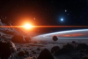 Alien planet sunrise with two suns and asteroid field. photo