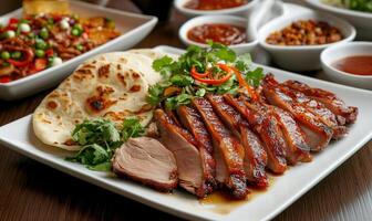 Sliced Peking duck with pancakes, sauces, and garnish on a white plate. photo