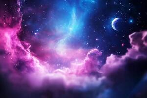 Cosmic nebula with pink clouds, blue and purple hues, stars, and crescent moon. photo