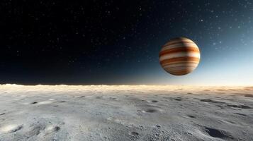 Jupiter rises over a desolate, cratered landscape. photo