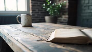 Open book and coffee mug on rustic wooden table near window. photo