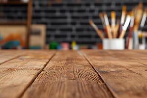 Rustic wooden table in artist's studio. photo