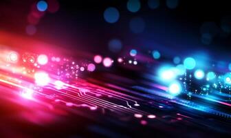 Abstract digital circuit board with vibrant glowing lights and bokeh effects. photo