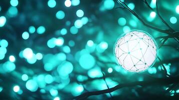 Glowing sphere with network connections hanging from dark branches in a teal bokeh background. photo