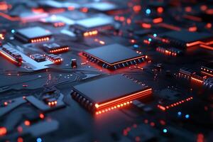 Close-up of illuminated circuit board with processors. photo