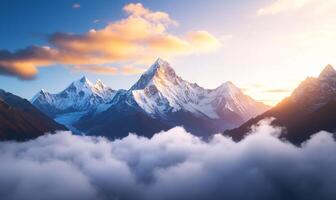 Majestic snow-capped mountains at sunset, above a sea of clouds. photo