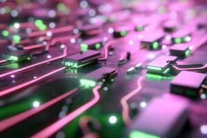 A computer motherboard with many green and pink lights photo