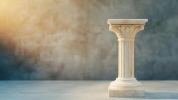 Ancient marble column pedestal, illuminated by sunlight, on a textured background. photo