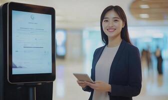 Smiling businesswoman using tablet near digital kiosk in modern building. photo