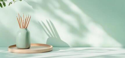Light Green Aesthetic Display with Vase and Tray. photo