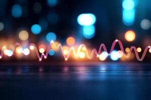Abstract data visualization graphic with glowing light city bokeh background. photo