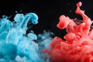 Abstract swirling blue and coral ink in water. photo