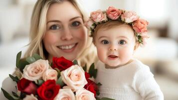 A woman holding a baby and a bouquet of roses photo