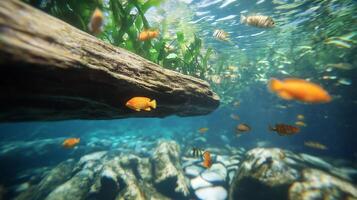 Underwater scene with vibrant fish swimming around a log and aquatic plants. photo