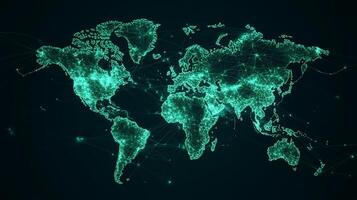 Glowing teal world map with connected nodes. photo