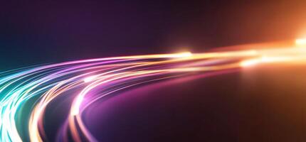Abstract colorful light streaks curve on dark background. photo