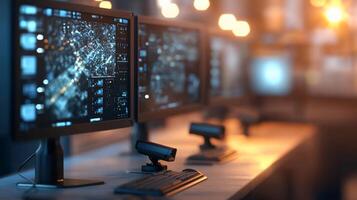 Multiple monitors displaying data analytics in a dark room. photo