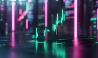 Glowing teal stock market graph rising on dark reflective surface with pink background. photo