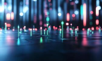 Abstract digital landscape with glowing lines and particles. photo