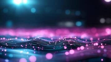 Abstract glowing wave with pink and blue particles. photo
