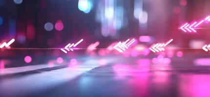 Abstract neon arrows and bokeh lights on a reflective surface. photo