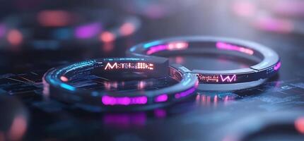 Futuristic glowing rings with digital text on a dark surface. photo