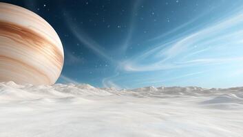 Alien planet landscape with a giant gas planet in the sky. photo
