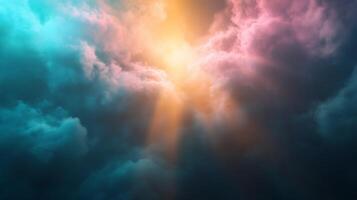 Dramatic cloudscape with vibrant light rays breaking through. photo