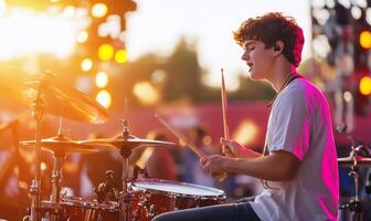 Teenager playing drums on stage at sunset. photo