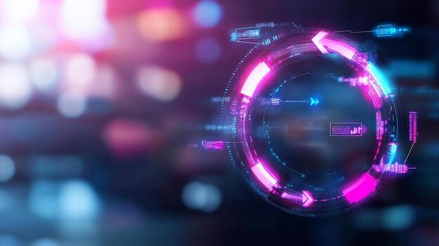 Abstract futuristic HUD interface with glowing circular elements and digital data. photo