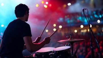 A drummer playing drums at a concert photo