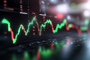 Stock market data displayed on laptop screen showing fluctuating graphs and numbers. photo