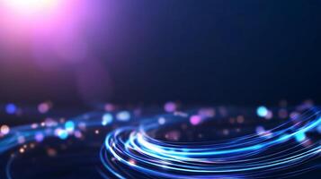 Abstract swirling neon light trails on dark background. photo