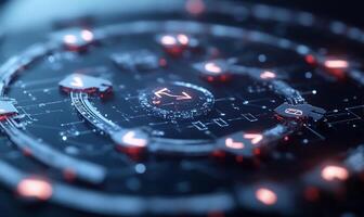 Futuristic circular tech interface with glowing symbols. photo