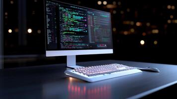 Computer coding at night, screen shows programming code, keyboard and mouse. photo