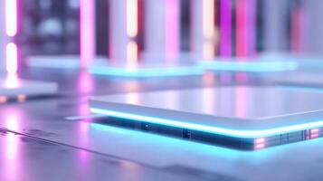 Futuristic white platform with neon blue light. photo
