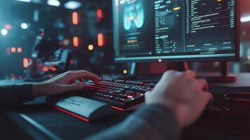 Programmer coding late at night, hands on keyboard and mouse, futuristic interface on monitor. photo