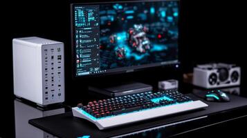 Sleek gaming setup with computer, keyboard, mouse, and monitor displaying futuristic interface. photo